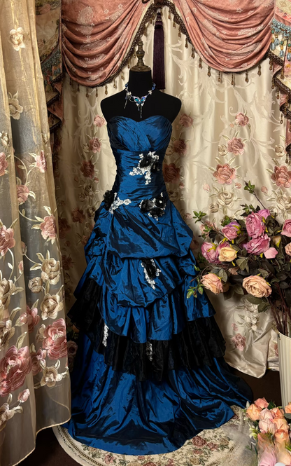 Vintage Mermaid Sweetheart Navy Blue 70s Sleeveless With Ruffles Long Prom Dresses Formal Evening Gowns AU297