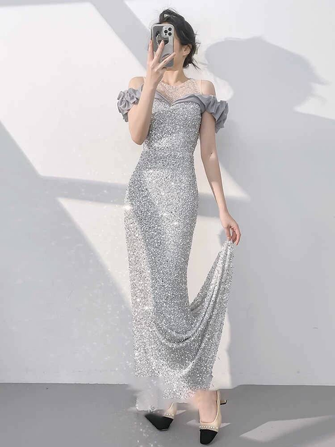 Modest Mermaid Off The Shoulder Silver Sequin Long Prom Dresses Party Dress 21st Birthday Outfits Graduation Dress AU300