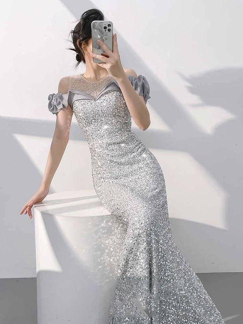 Modest Mermaid Off The Shoulder Silver Sequin Long Prom Dresses Party Dress 21st Birthday Outfits Graduation Dress AU300