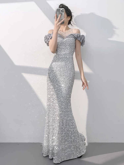 Modest Mermaid Off The Shoulder Silver Sequin Long Prom Dresses Party Dress 21st Birthday Outfits Graduation Dress AU300