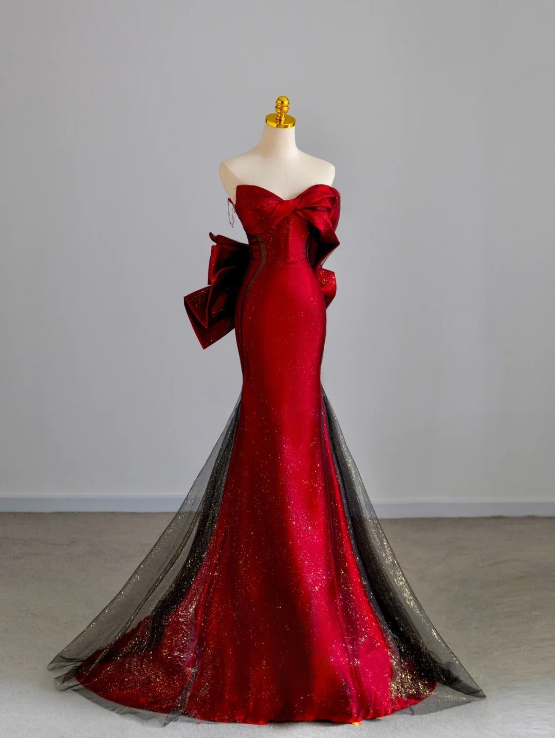 Sparkly Mermaid Sweetheart Red With Bow Prom Dresses Long Evening Party Formal Outfits RB6657