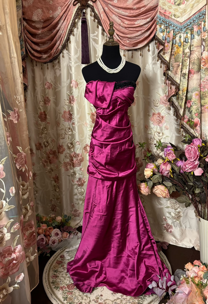 Vintage Mermaid Strapless Fuchsia Satin 70s Sleeveless With Ruffles Long Prom Dresses Formal Evening Gowns AU300
