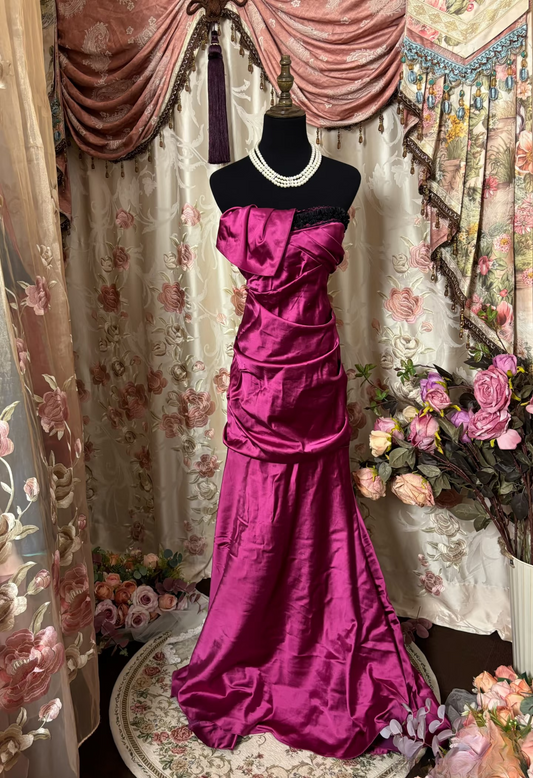 Vintage Mermaid Strapless Fuchsia Satin 70s Sleeveless With Ruffles Long Prom Dresses Formal Evening Gowns AU300