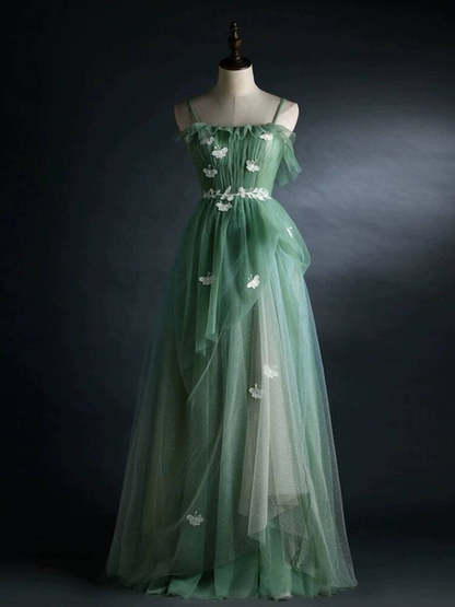 Modest A Line Spaghetti Straps Green Tulle Sleeveless Prom Dresses Party Dress 22th Birthday Outfits Graduation Dress AU301