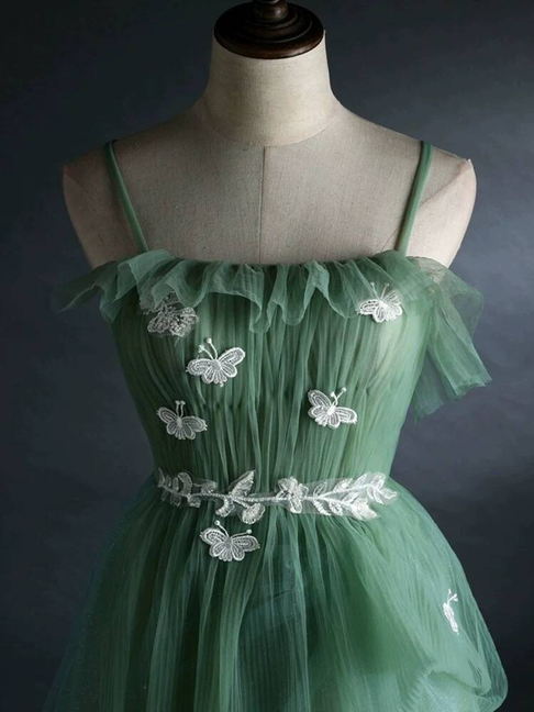 Modest A Line Spaghetti Straps Green Tulle Sleeveless Prom Dresses Party Dress 22th Birthday Outfits Graduation Dress AU301