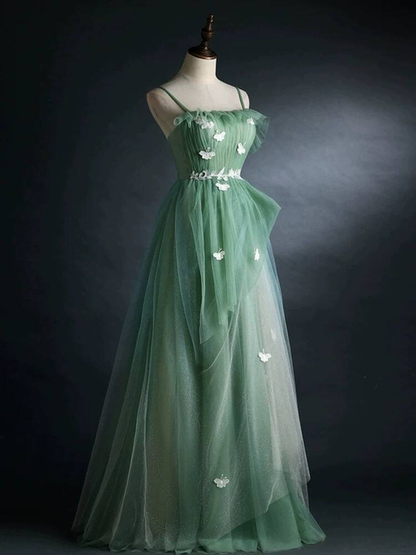 Modest A Line Spaghetti Straps Green Tulle Sleeveless Prom Dresses Party Dress 22th Birthday Outfits Graduation Dress AU301