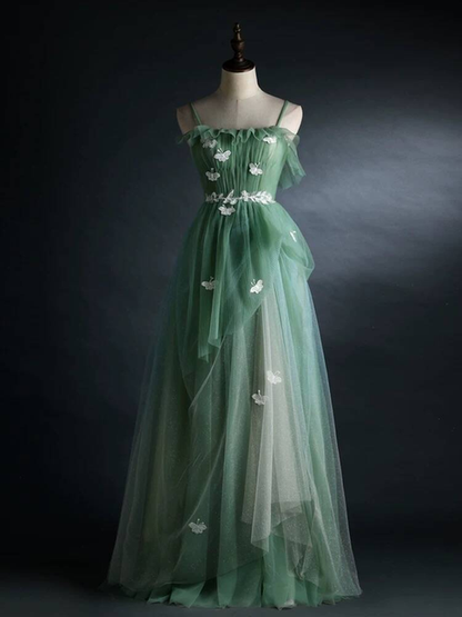 Modest A Line Spaghetti Straps Green Tulle Sleeveless Prom Dresses Party Dress 22th Birthday Outfits Graduation Dress AU301