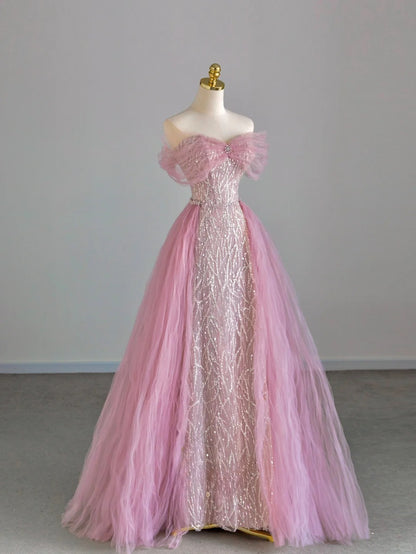 Sparkly A line Off The Shoulder Pink With Train Prom Dresses Long Evening Party Formal Outfits RB6658
