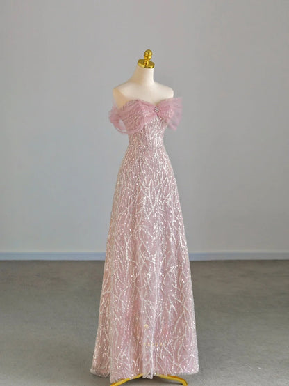 Sparkly A line Off The Shoulder Pink With Train Prom Dresses Long Evening Party Formal Outfits RB6658