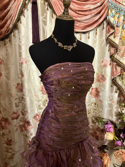 Vintage Mermaid Strapless Purple Organza 70s Sleeveless With Ruffles Long Prom Dresses Formal Evening Gowns AU302