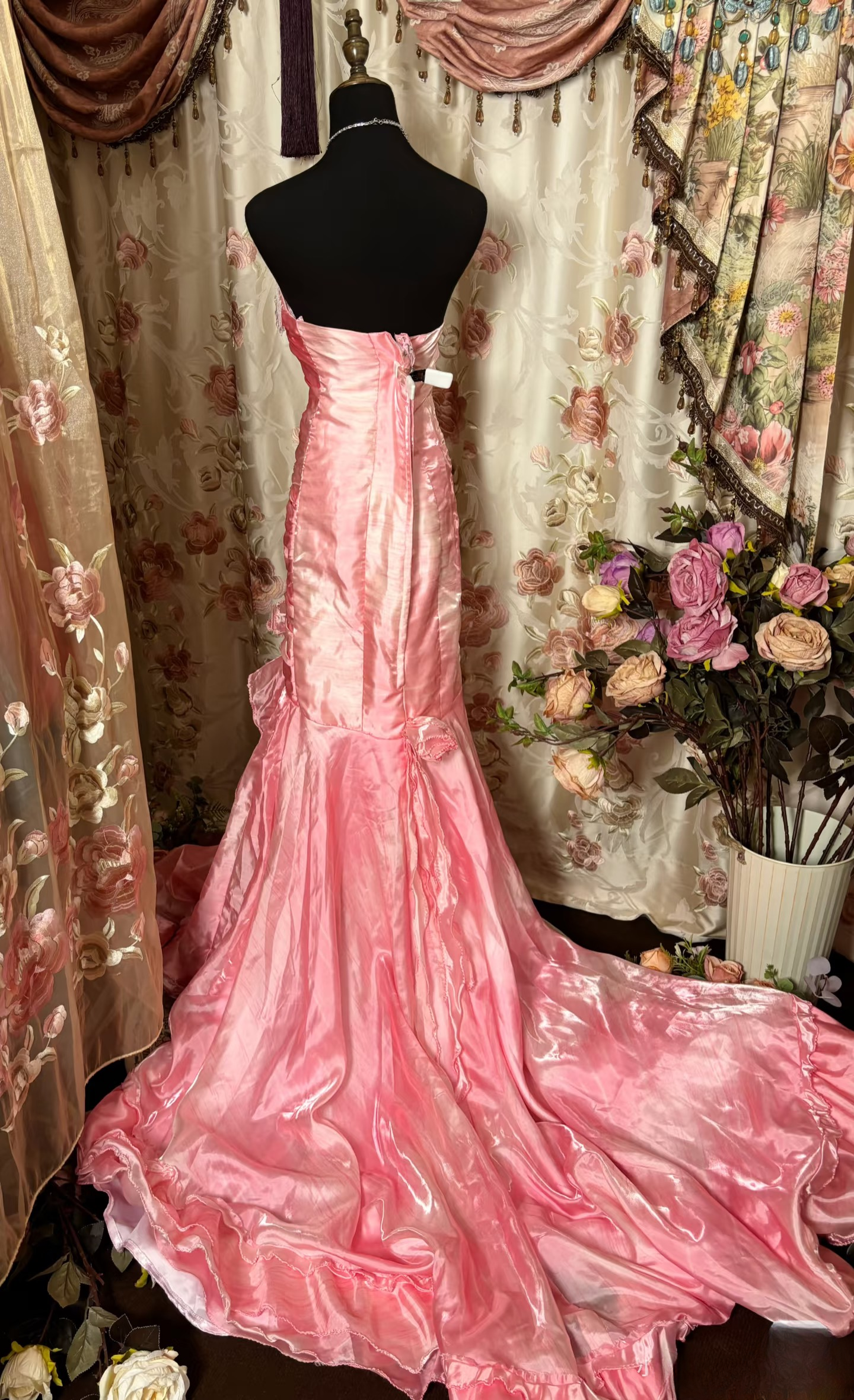 Gorgeous Mermaid Strapless Pink Organza 70s Sleeveless With Ruffles Long Prom Dresses Formal Evening Gowns AU303