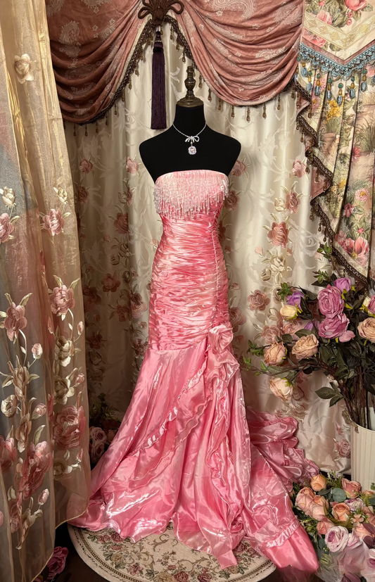 Gorgeous Mermaid Strapless Pink Organza 70s Sleeveless With Ruffles Long Prom Dresses Formal Evening Gowns AU303