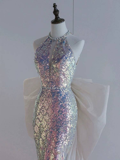 Modest Mermaid Scoop Neck Sequin Long Prom Dresses Party Dress 21st Birthday Outfits Graduation Dress AU304