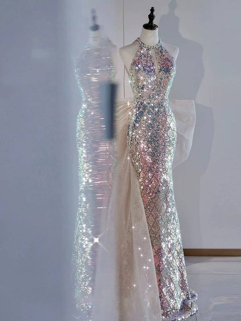 Modest Mermaid Scoop Neck Sequin Long Prom Dresses Party Dress 21st Birthday Outfits Graduation Dress AU304