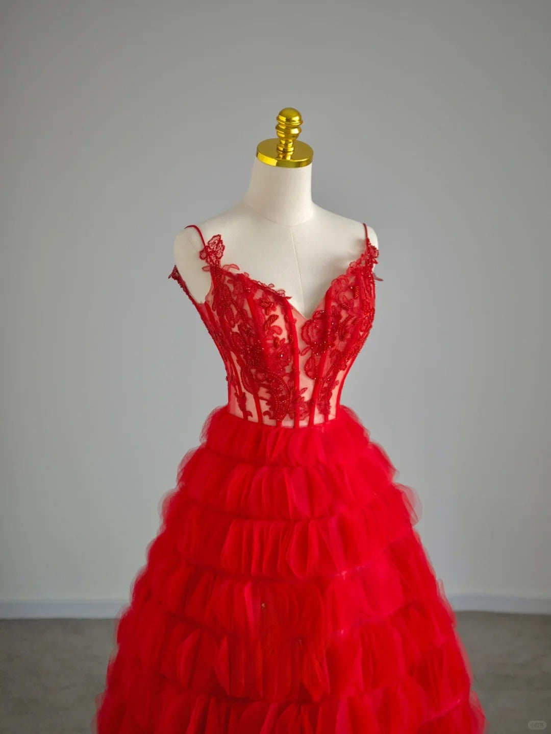 Pretty Ball Gown Spaghetti Strap Red Tulle Prom Dresses Long Evening Party Formal Outfits RB6660