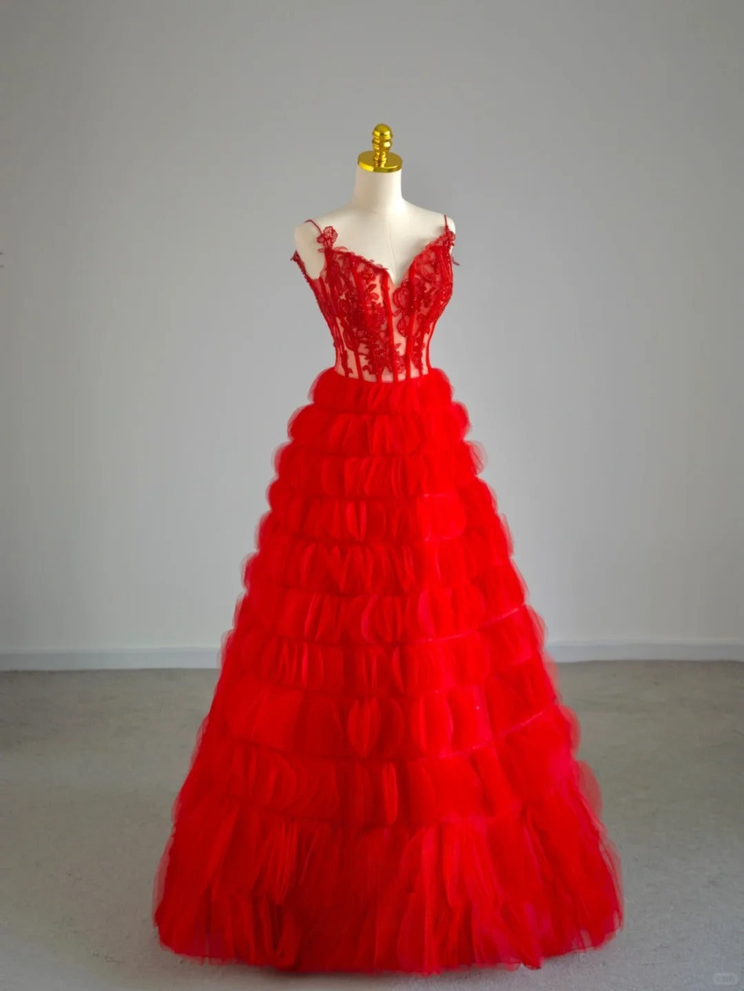 Pretty Ball Gown Spaghetti Strap Red Tulle Prom Dresses Long Evening Party Formal Outfits RB6660