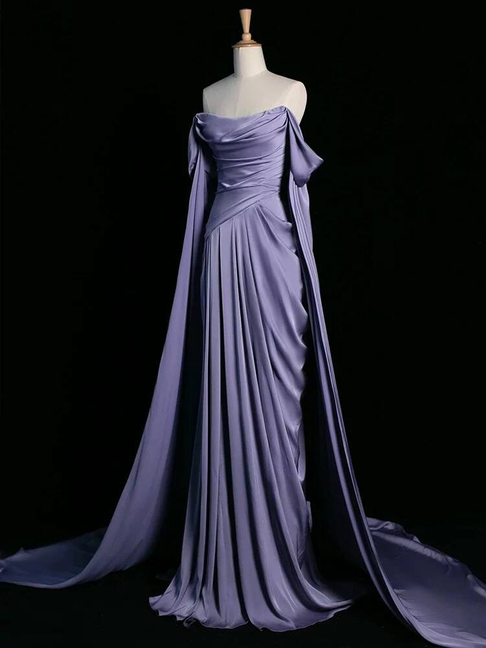 Modest Mermaid Off The Shoulder Light Grape Satin Long Prom Dresses Party Dress Princess Graduation Dress AU305