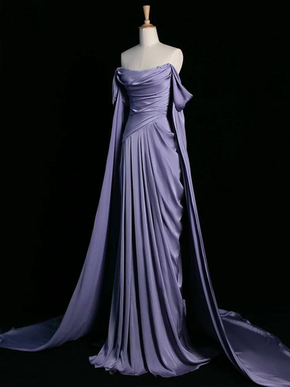 Modest Mermaid Off The Shoulder Light Grape Satin Long Prom Dresses Party Dress Princess Graduation Dress AU305