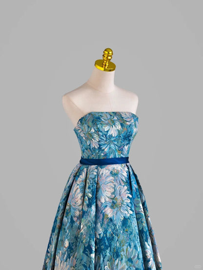 Ball Gown Strapless Blue Satin With Sleeves Prom Dresses Long Evening Party Formal Outfits RB6662