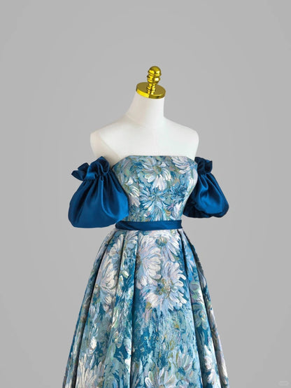 Ball Gown Strapless Blue Satin With Sleeves Prom Dresses Long Evening Party Formal Outfits RB6662