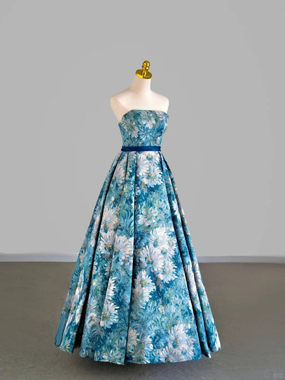 Ball Gown Strapless Blue Satin With Sleeves Prom Dresses Long Evening Party Formal Outfits RB6662