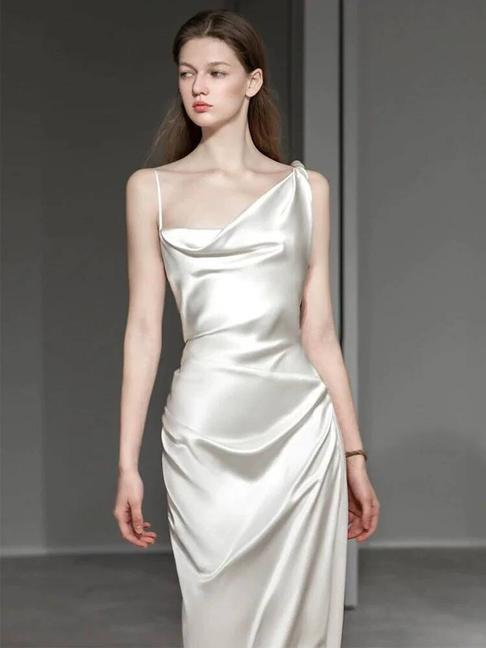 Modest Mermaid Straps White Backless Satin Wedding Dress Long Fairytale Autumn Wedding Dresses AU306