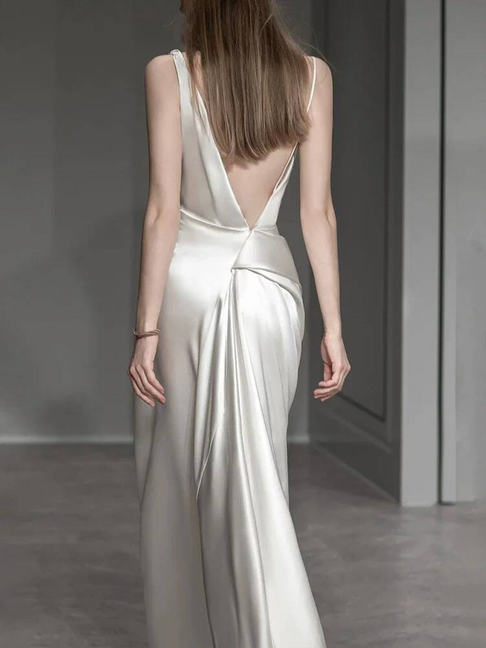Modest Mermaid Straps White Backless Satin Wedding Dress Long Fairytale Autumn Wedding Dresses AU306
