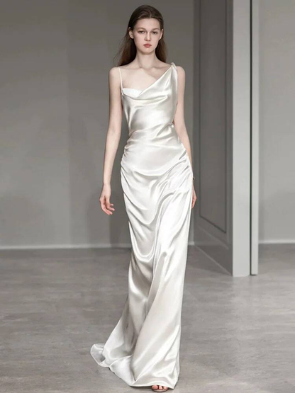 Modest Mermaid Straps White Backless Satin Wedding Dress Long Fairytale Autumn Wedding Dresses AU306