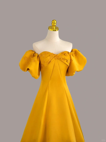 Cute A line Sweetheart Yellow Satin With Sleeves Prom Dresses Long Evening Party Formal Outfits RB6663