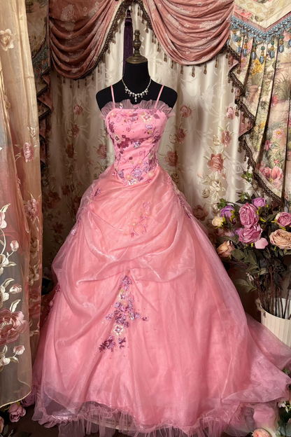 Dazzling Ball Gown Spaghetti Strap Pink Tulle With Appliques Ruffle Layers Long Quinceanera Dresses Sweet 15 16 Birthday Gown AU306