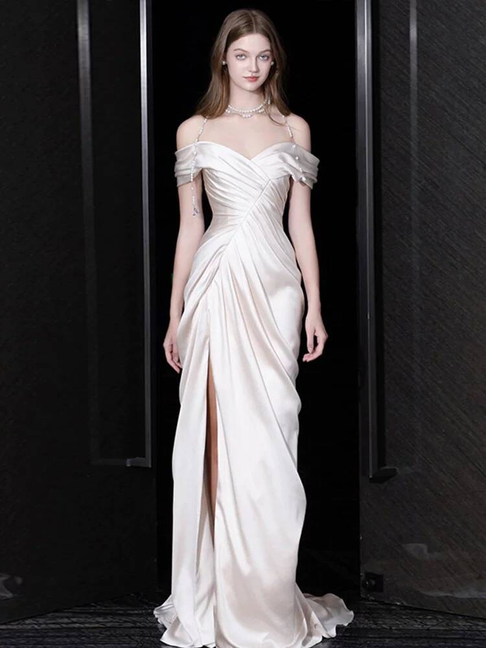 Modest Mermaid Off The Shoulder White Slit Satin Wedding Dress Long Fairytale Autumn Wedding Dresses AU307