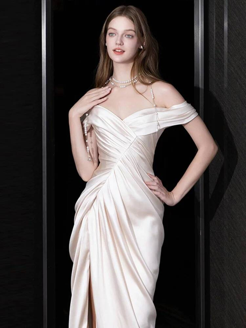 Modest Mermaid Off The Shoulder White Slit Satin Wedding Dress Long Fairytale Autumn Wedding Dresses AU307