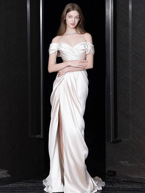 Modest Mermaid Off The Shoulder White Slit Satin Wedding Dress Long Fairytale Autumn Wedding Dresses AU307