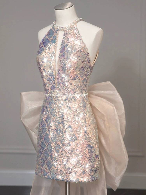 Modest Sheath Scoop Neck Sequin Short Prom Dresses Party Dress 21st Birthday Outfits Homecoming Dress AU308
