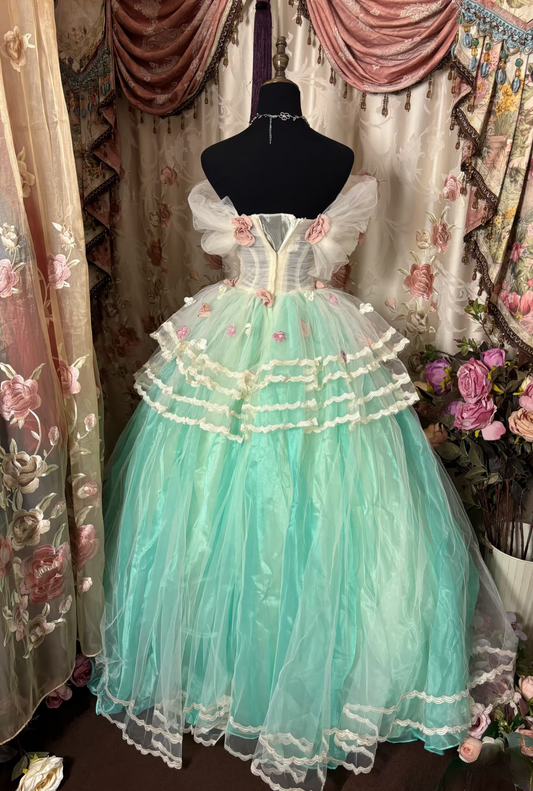 Dazzling Ball Gown Off The Shoulder Tulle With Appliques Ruffle Layers Long Quinceanera Dresses Sweet 15 16 Birthday Gown AU309