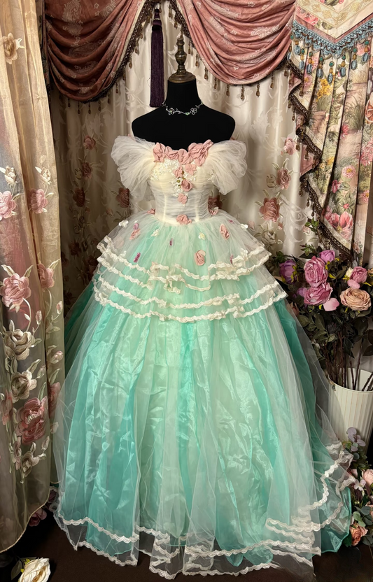 Dazzling Ball Gown Off The Shoulder Tulle With Appliques Ruffle Layers Long Quinceanera Dresses Sweet 15 16 Birthday Gown AU309