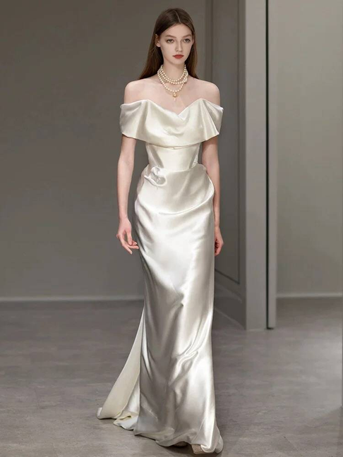 Simple Mermaid Off The Shoulder White Satin Wedding Dress Long Fairytale Autumn Wedding Dresses AU310