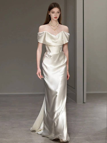 Simple Mermaid Off The Shoulder White Satin Wedding Dress Long Fairytale Autumn Wedding Dresses AU310