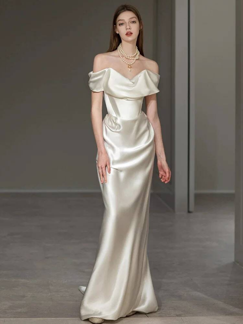 Simple Mermaid Off The Shoulder White Satin Wedding Dress Long Fairytale Autumn Wedding Dresses AU310