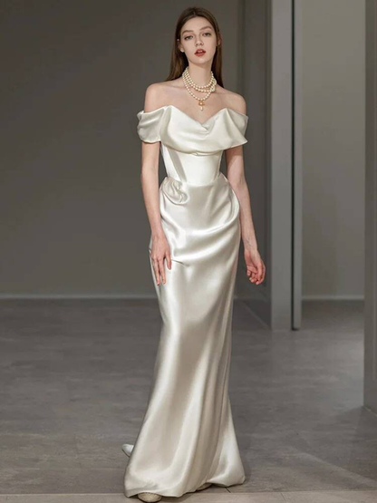 Simple Mermaid Off The Shoulder White Satin Wedding Dress Long Fairytale Autumn Wedding Dresses AU310