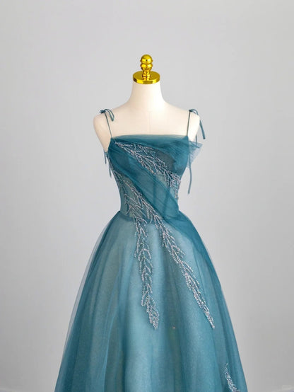 Pretty Ball Gown Spaghetti Strap Blue Tulle Prom Dresses Long Evening Party Formal Outfits RB6661