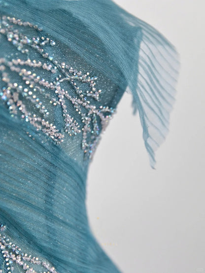 Pretty Ball Gown Spaghetti Strap Blue Tulle Prom Dresses Long Evening Party Formal Outfits RB6661