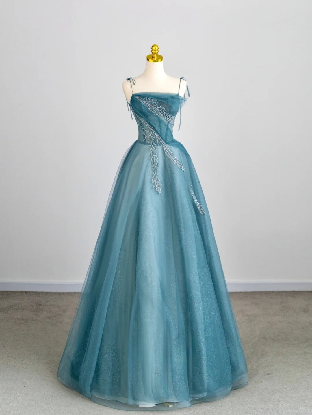 Pretty Ball Gown Spaghetti Strap Blue Tulle Prom Dresses Long Evening Party Formal Outfits RB6661