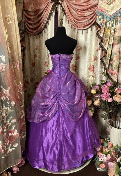 Dazzling Ball Gown Strapless Purple Organza With Beads Ruffle Layers Long Quinceanera Dresses Sweet 15 16 Birthday Gown AU311
