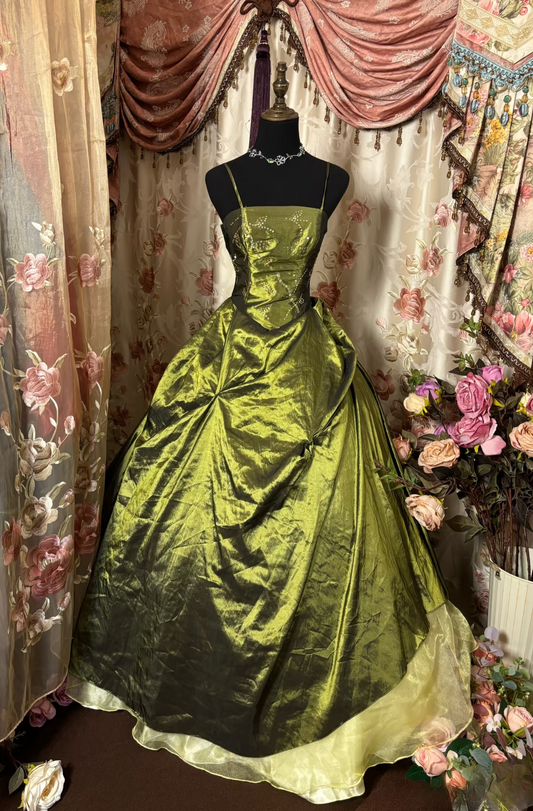 Dazzling Ball Gown Spaghetti Strap Olive Green With Beads Ruffle Layers Long Quinceanera Dresses Sweet 15 16 Birthday Gown AU312