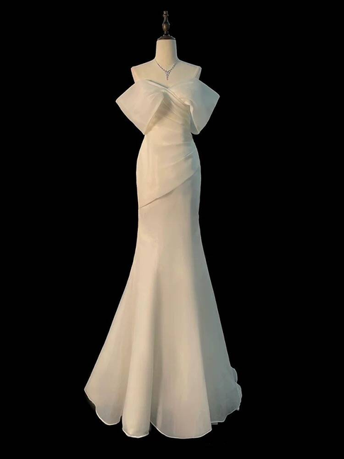 Simple Mermaid Off The Shoulder Off White Wedding Dress Long Fairytale Autumn Wedding Dresses AU313