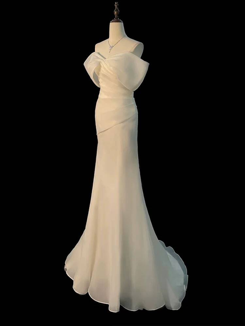 Simple Mermaid Off The Shoulder Off White Wedding Dress Long Fairytale Autumn Wedding Dresses AU313