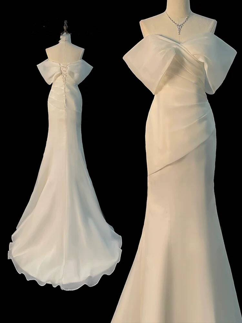 Simple Mermaid Off The Shoulder Off White Wedding Dress Long Fairytale Autumn Wedding Dresses AU313