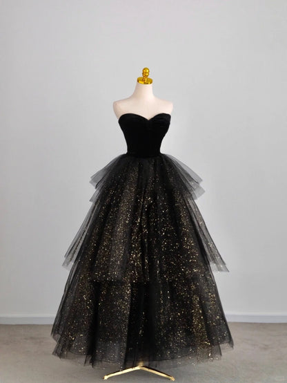 Cute Ball Gown Sweetheart Black Tulle With Sleeves Prom Dresses Long Evening Party Formal Outfits RB6666