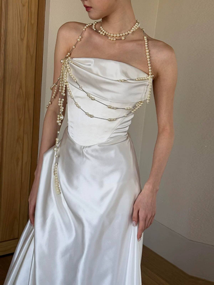 Modest A Line Strapless Sleeveless White Satin Wedding Dress Long Fairytale Autumn Wedding Dresses AU314